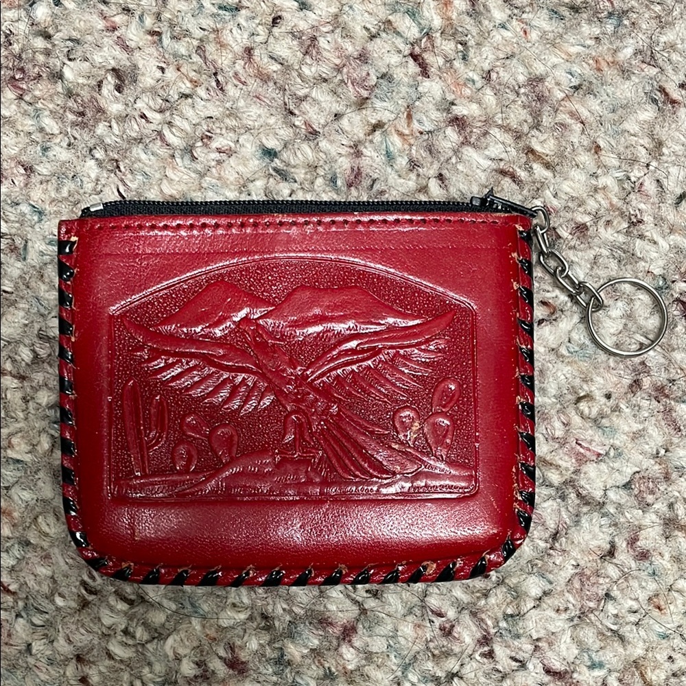 Red Leather Coin Purse with keychain pull and Embossed Design